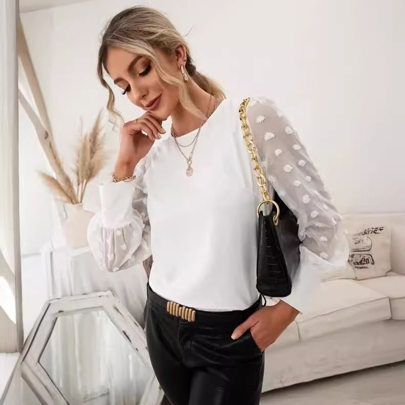 Spring autumn white top new style polka dot lace long sleeve blouse casual wear half-neck shirt/chiffon shirt women