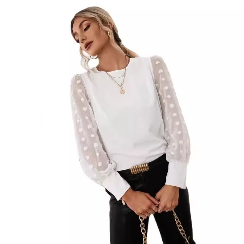 Spring autumn white top new style polka dot lace long sleeve blouse casual wear half-neck shirt/chiffon shirt women