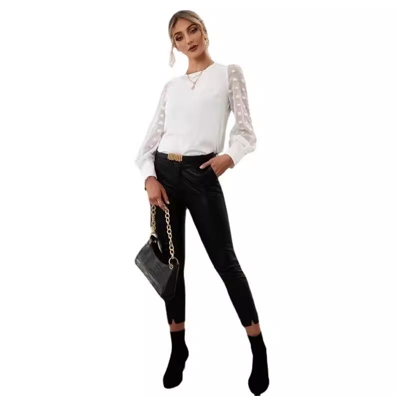 Spring autumn white top new style polka dot lace long sleeve blouse casual wear half-neck shirt/chiffon shirt women