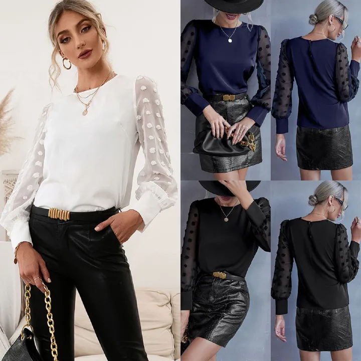 Spring autumn white top new style polka dot lace long sleeve blouse casual wear half-neck shirt/chiffon shirt women
