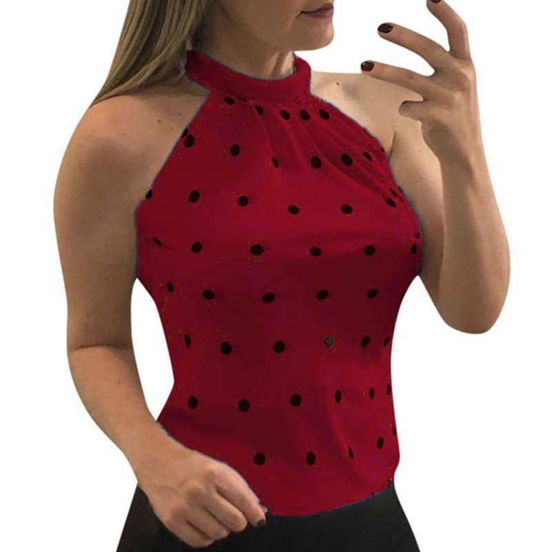 Korean Fashion Trending Summer Womens Clothing Sleeveless Top Polka Dot Halter Neck Blouse