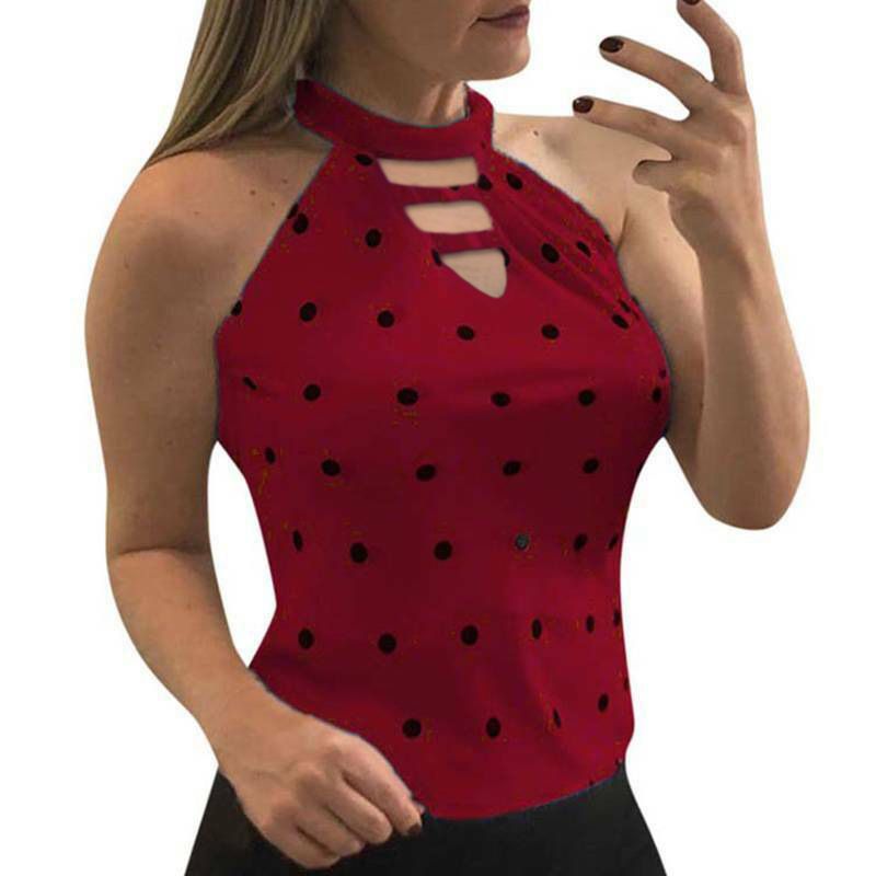 Korean Fashion Trending Summer Womens Clothing Sleeveless Top Polka Dot Halter Neck Blouse