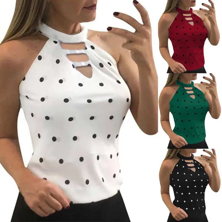Korean Fashion Trending Summer Womens Clothing Sleeveless Top Polka Dot Halter Neck Blouse