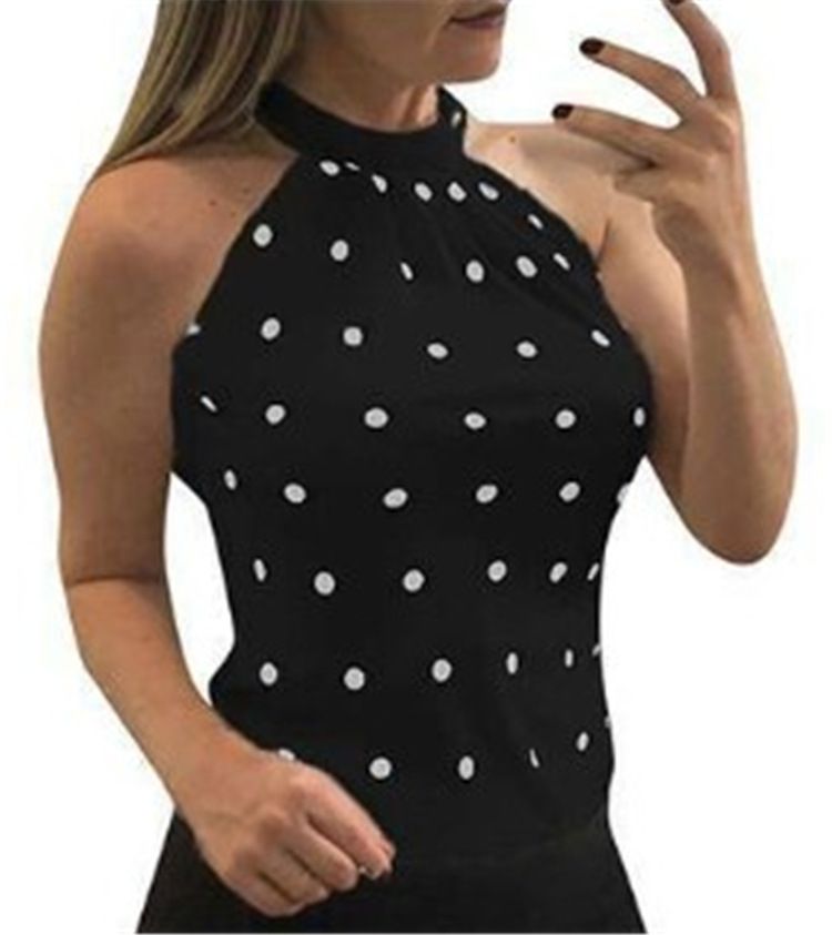 Korean Fashion Trending Summer Womens Clothing Sleeveless Top Polka Dot Halter Neck Blouse