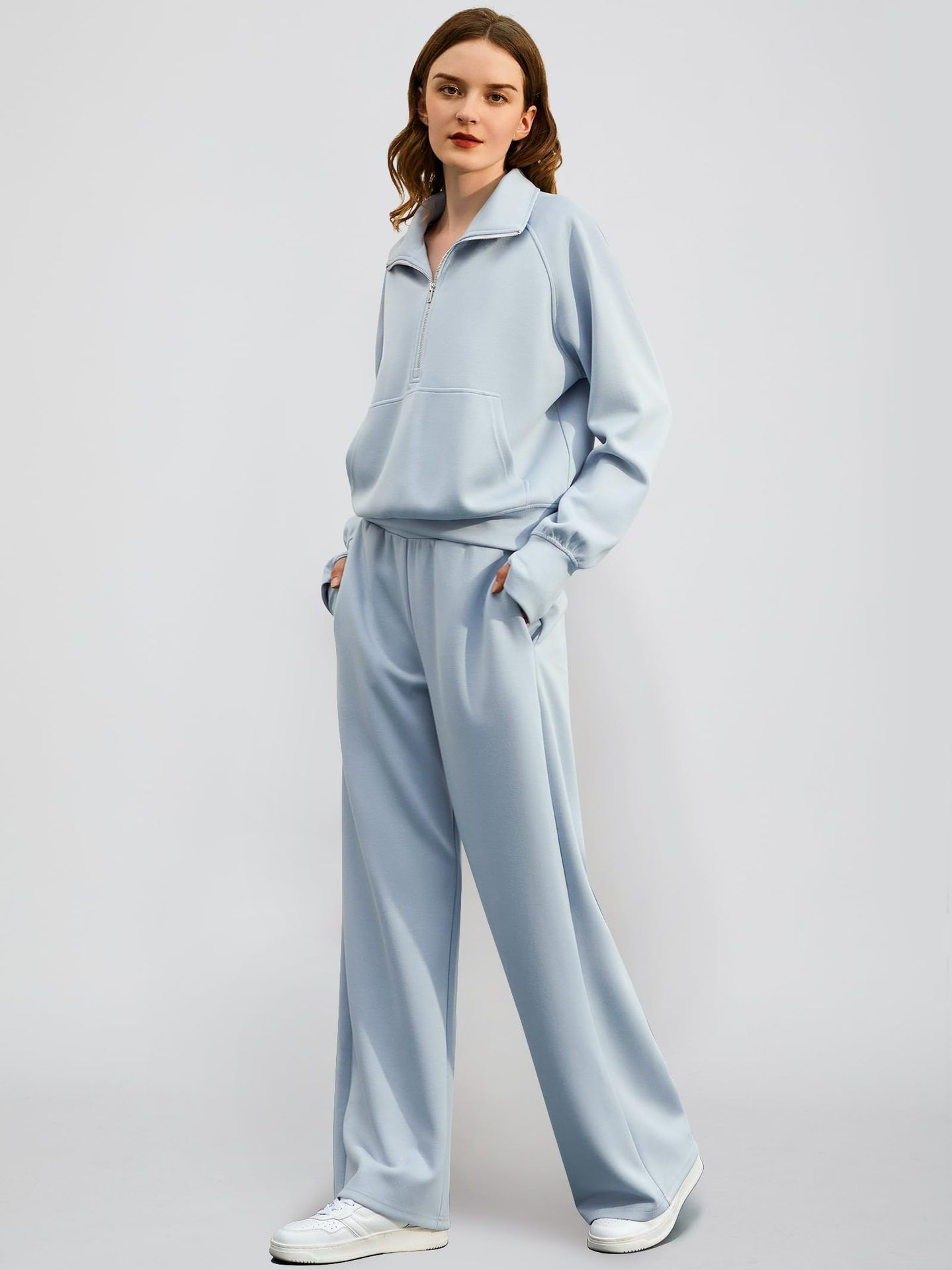 Customized hooded half zip stand up collar pullover two-piece set women casual jogging long sleeved sweatpants and hoodie set