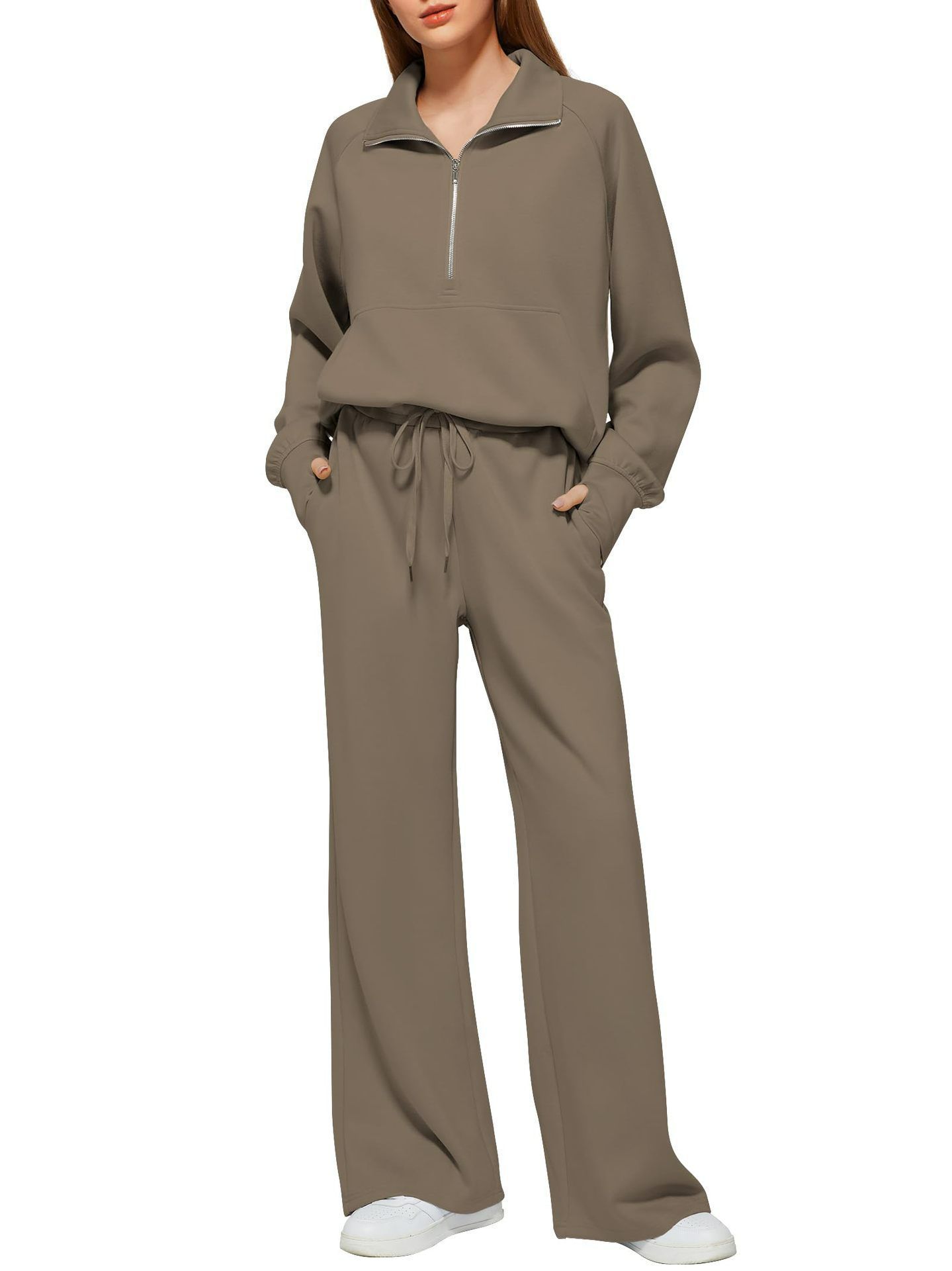 Customized hooded half zip stand up collar pullover two-piece set women casual jogging long sleeved sweatpants and hoodie set