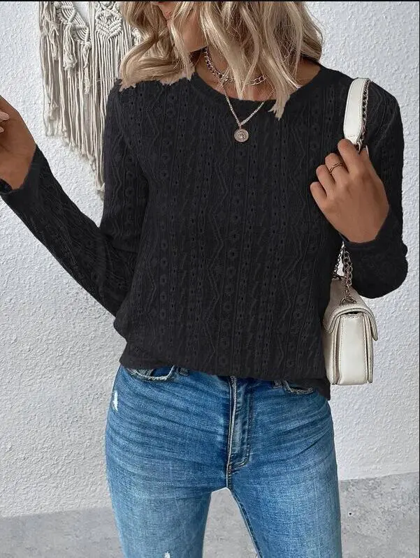 Stylish New Casual Jacquard Fall Blouse Women's White Long Sleeve Elegant Blouse Shirt