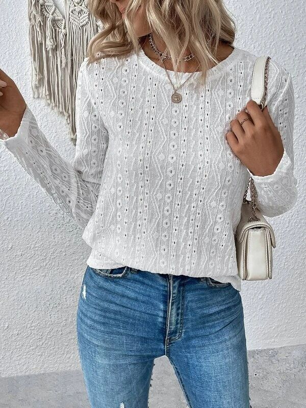 Stylish New Casual Jacquard Fall Blouse Women's White Long Sleeve Elegant Blouse Shirt