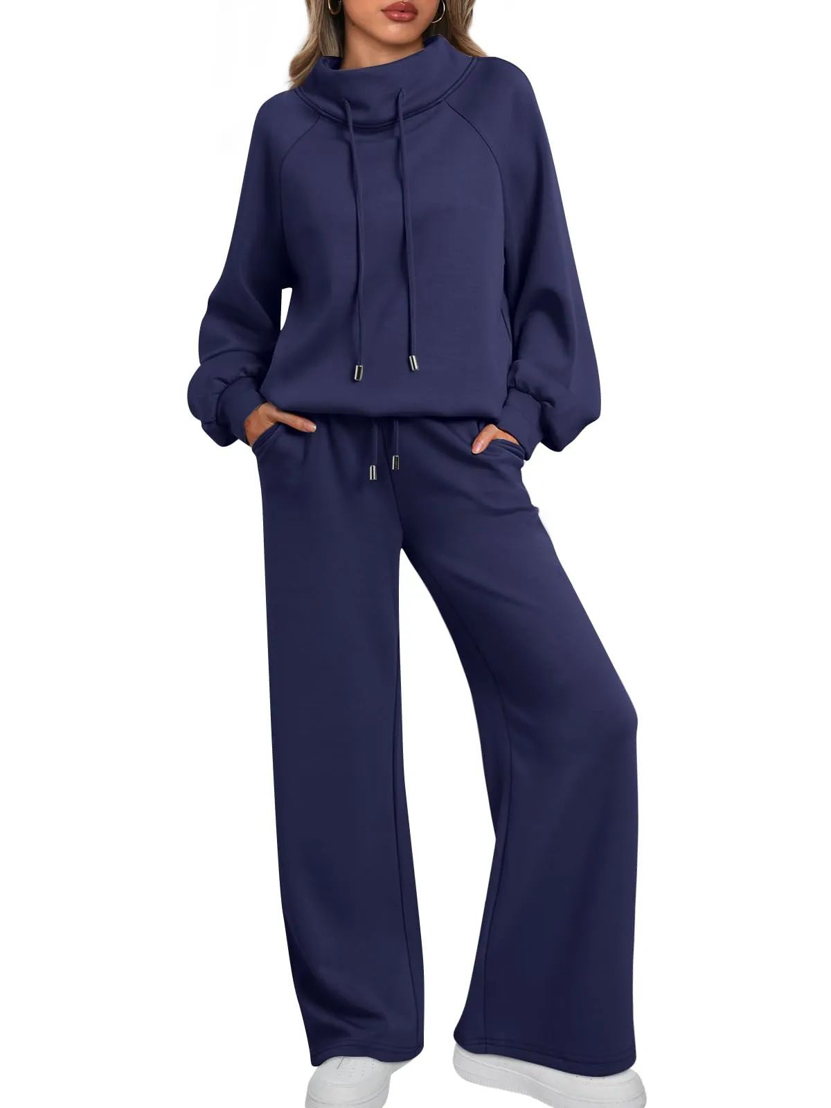 Lounge Sets for Women Sweatsuits 2 Piece Outfits Fall Drawstring Sweatshirt Wide Leg Sweatpants Tracksuit