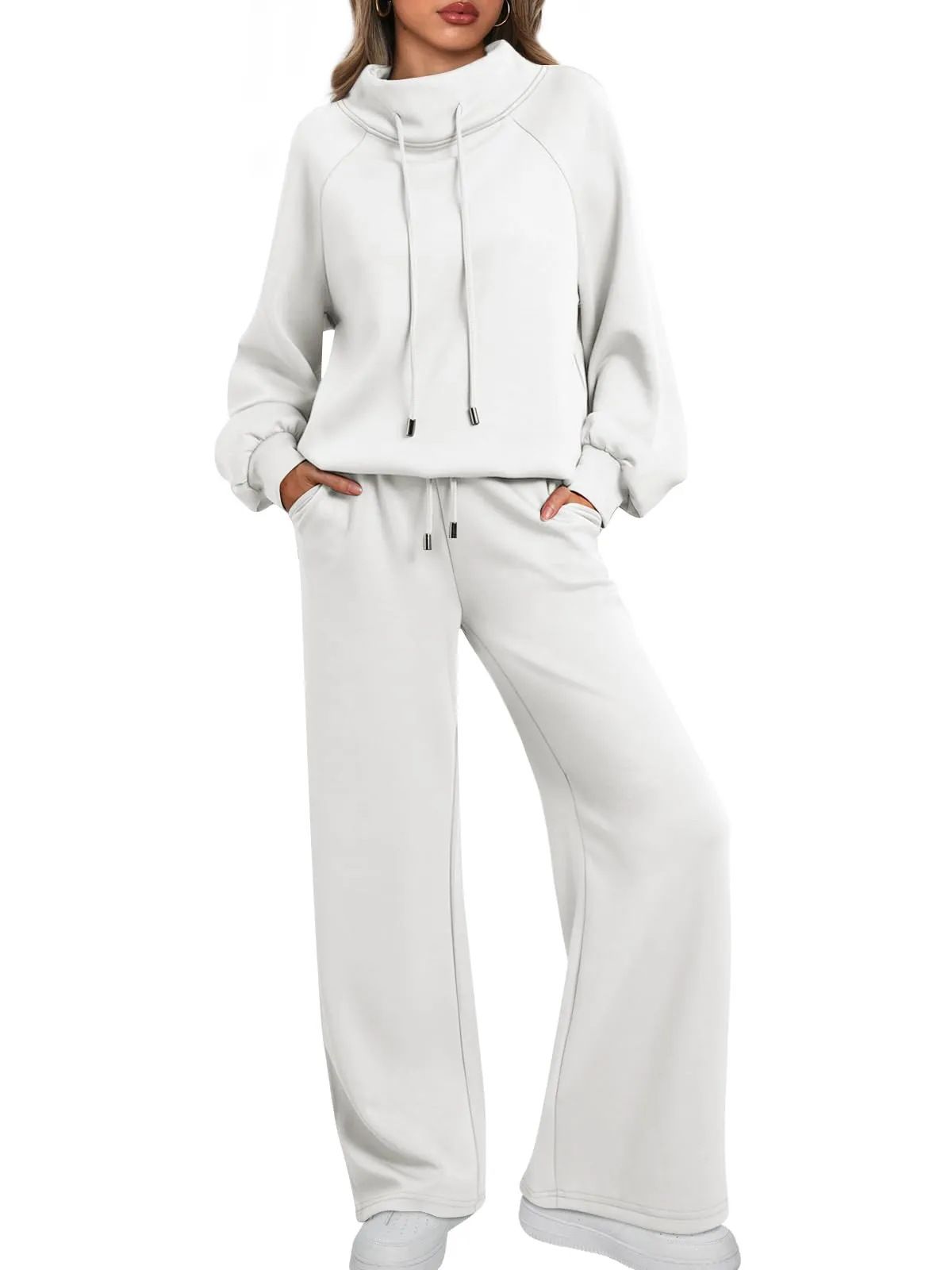 Lounge Sets for Women Sweatsuits 2 Piece Outfits Fall Drawstring Sweatshirt Wide Leg Sweatpants Tracksuit