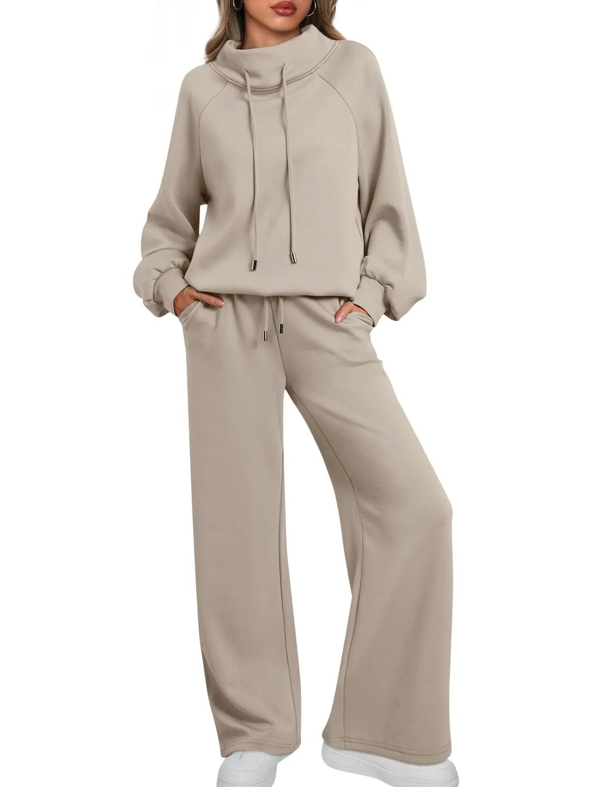 Lounge Sets for Women Sweatsuits 2 Piece Outfits Fall Drawstring Sweatshirt Wide Leg Sweatpants Tracksuit