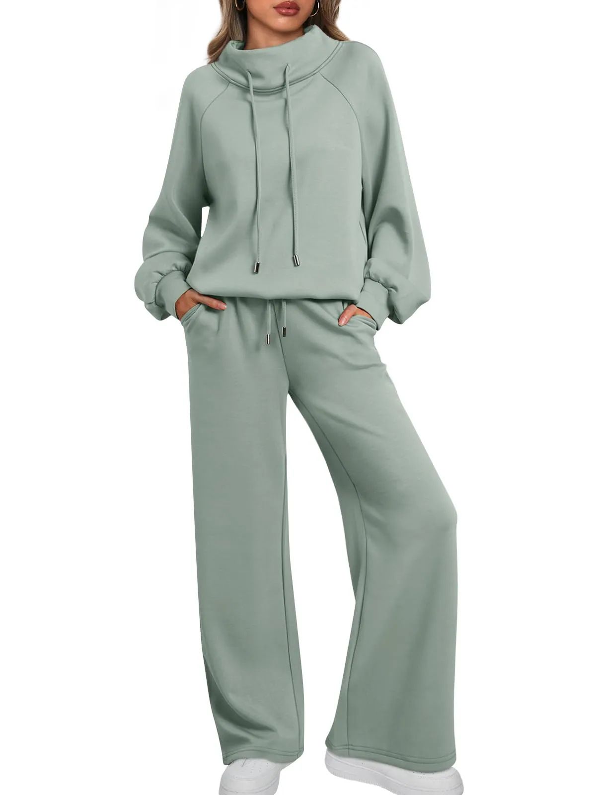Lounge Sets for Women Sweatsuits 2 Piece Outfits Fall Drawstring Sweatshirt Wide Leg Sweatpants Tracksuit