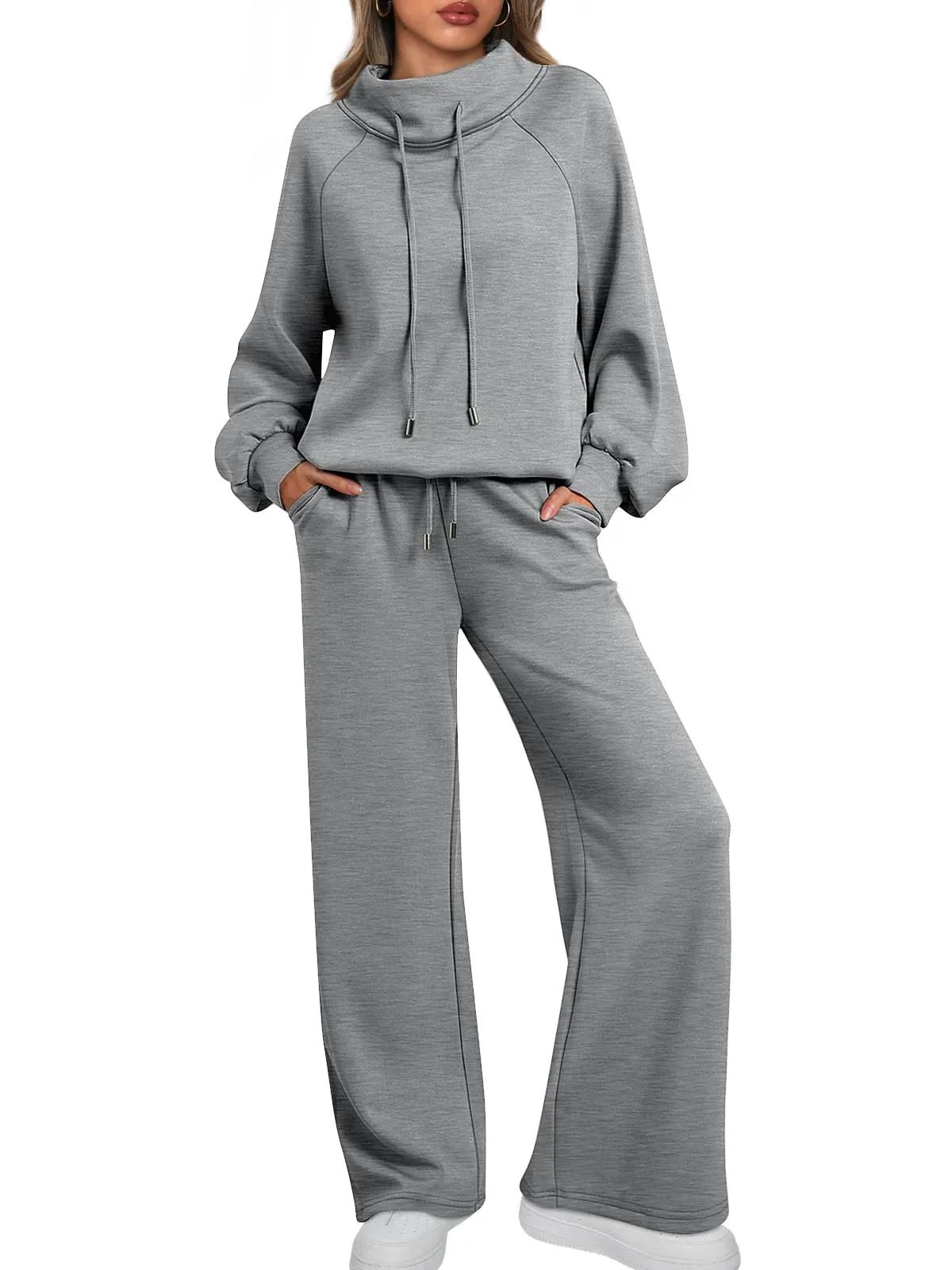 Lounge Sets for Women Sweatsuits 2 Piece Outfits Fall Drawstring Sweatshirt Wide Leg Sweatpants Tracksuit