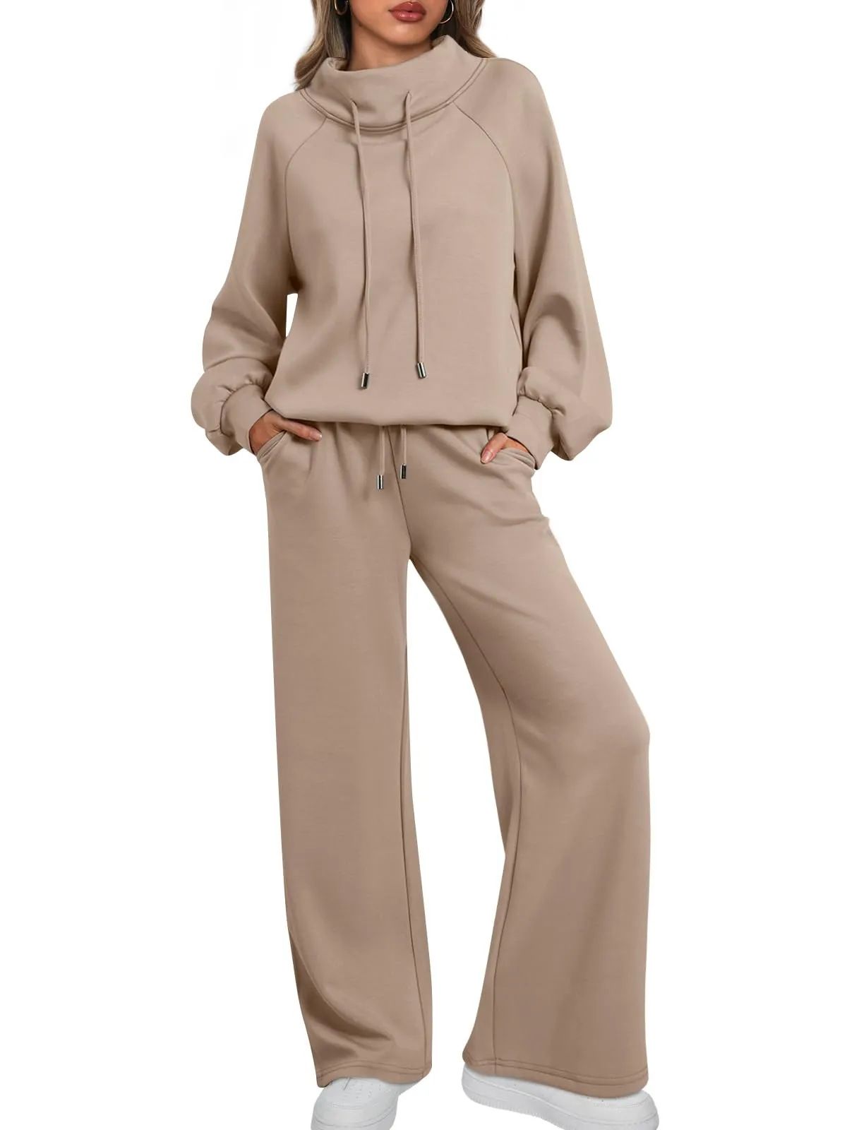 Lounge Sets for Women Sweatsuits 2 Piece Outfits Fall Drawstring Sweatshirt Wide Leg Sweatpants Tracksuit