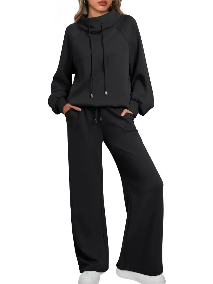 Lounge Sets for Women Sweatsuits 2 Piece Outfits Fall Drawstring Sweatshirt Wide Leg Sweatpants Tracksuit