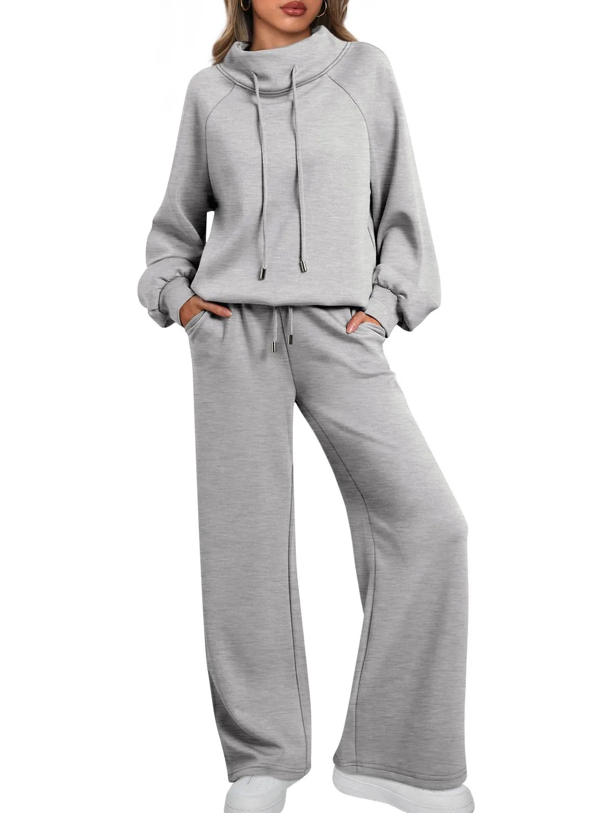 Lounge Sets for Women Sweatsuits 2 Piece Outfits Fall Drawstring Sweatshirt Wide Leg Sweatpants Tracksuit