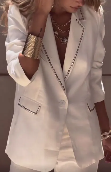Women Lady Suit Coat Matching Chiffon Three Quarter Sleeve Thin Coat Solid Color Jacket Suit Lapel Diamond V-neck Elegant Coat