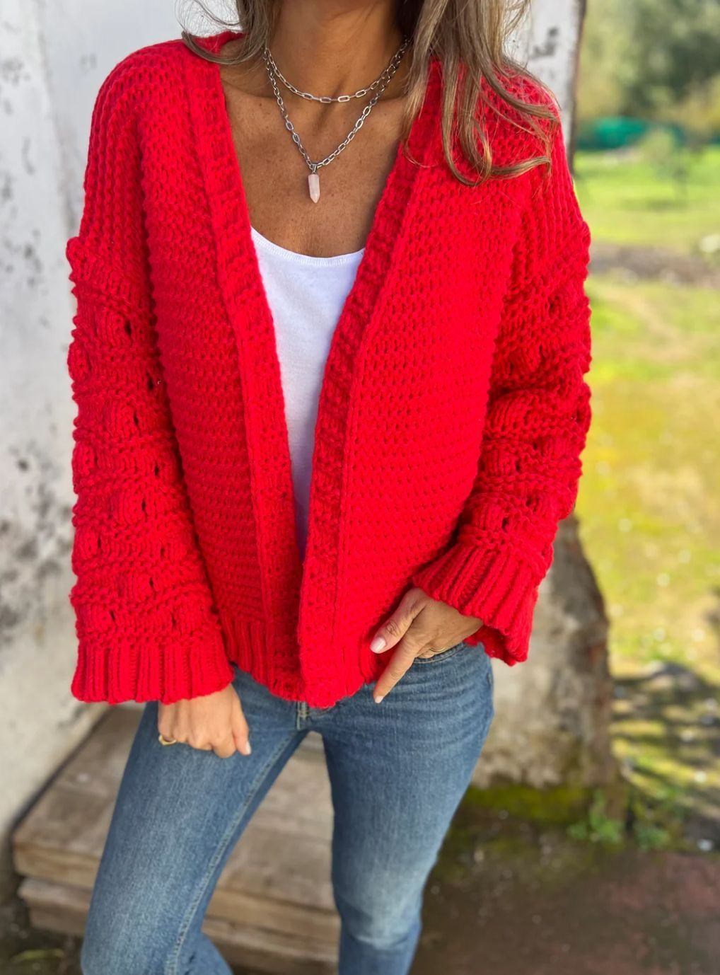 Europe America New Pure Hand Woven Ball Ball Lantern Sleeve Women's Cardigan Sweater