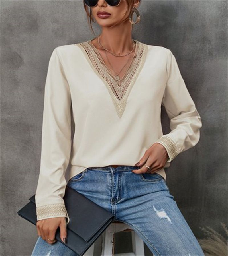 Long Sleeve White Blouse Women Blusas Mujer De Moda Embroidery V-Neck Chiffon Blouse Shirt