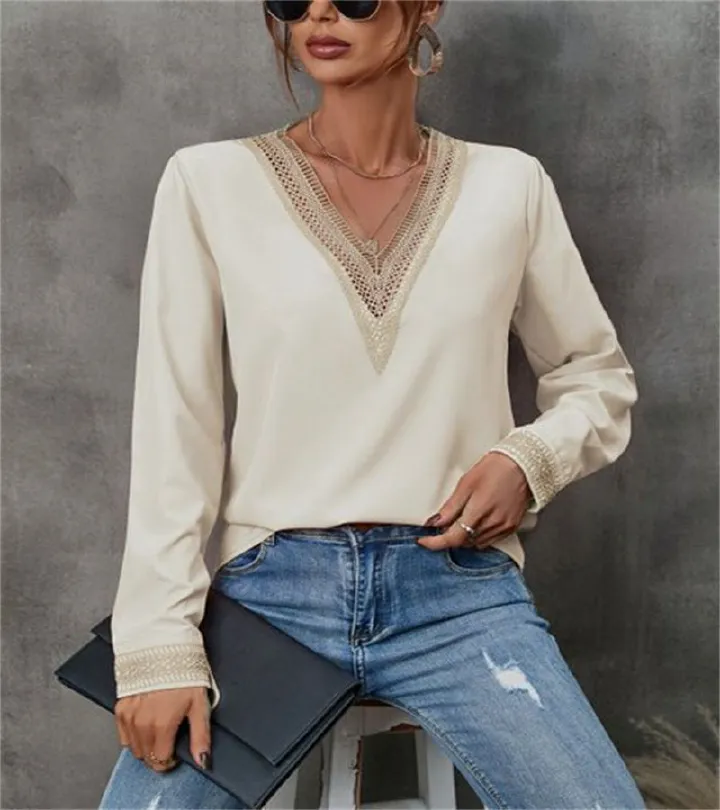 Long Sleeve White Blouse Women Blusas Mujer De Moda Embroidery V-Neck Chiffon Blouse Shirt