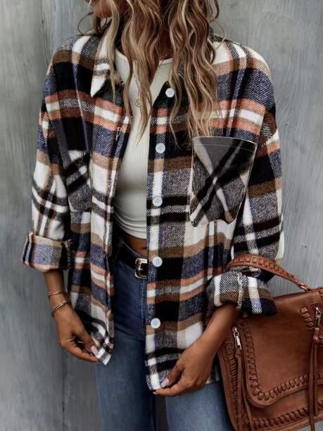 Oversize casual woolen women's shirt jacket Street lapel loose plaid long sleeved shirt for women