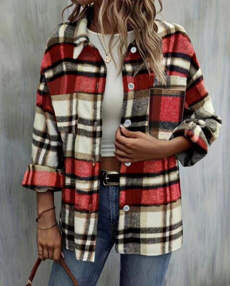 Oversize casual woolen women's shirt jacket Street lapel loose plaid long sleeved shirt for women