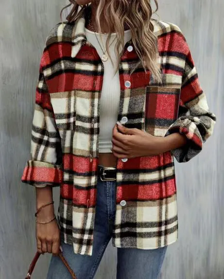 Oversize casual woolen women's shirt jacket Street lapel loose plaid long sleeved shirt for women