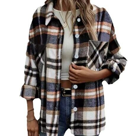 Oversize casual woolen women's shirt jacket Street lapel loose plaid long sleeved shirt for women