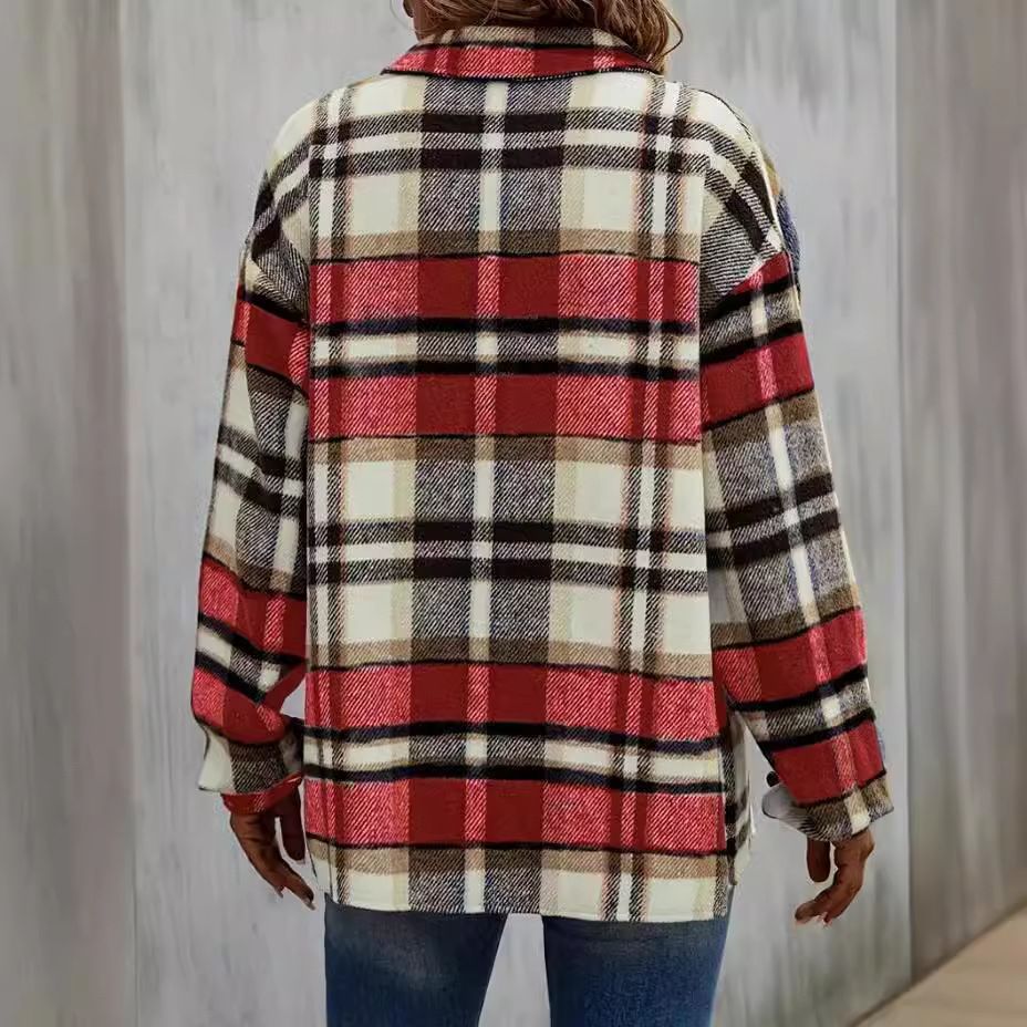 Oversize casual woolen women's shirt jacket Street lapel loose plaid long sleeved shirt for women