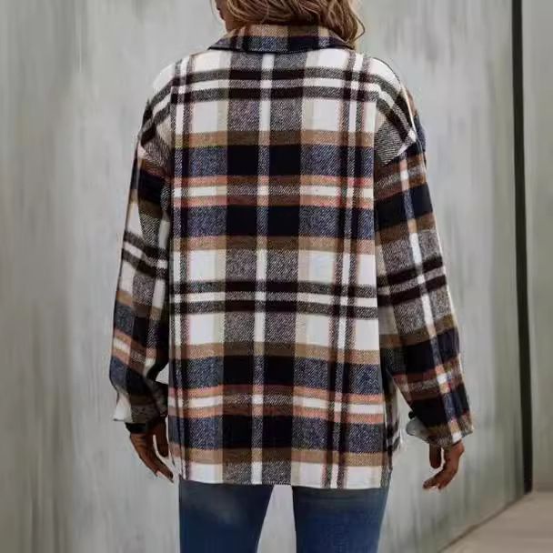 Oversize casual woolen women's shirt jacket Street lapel loose plaid long sleeved shirt for women