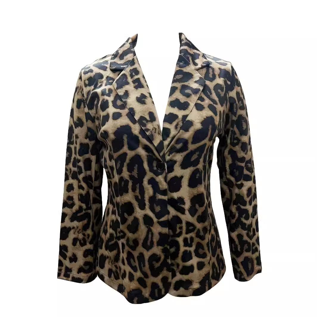 Fashion beautiful suitable official blazer leopard coat for ladies long sleeve printed lapel jacket lady casual suit coat