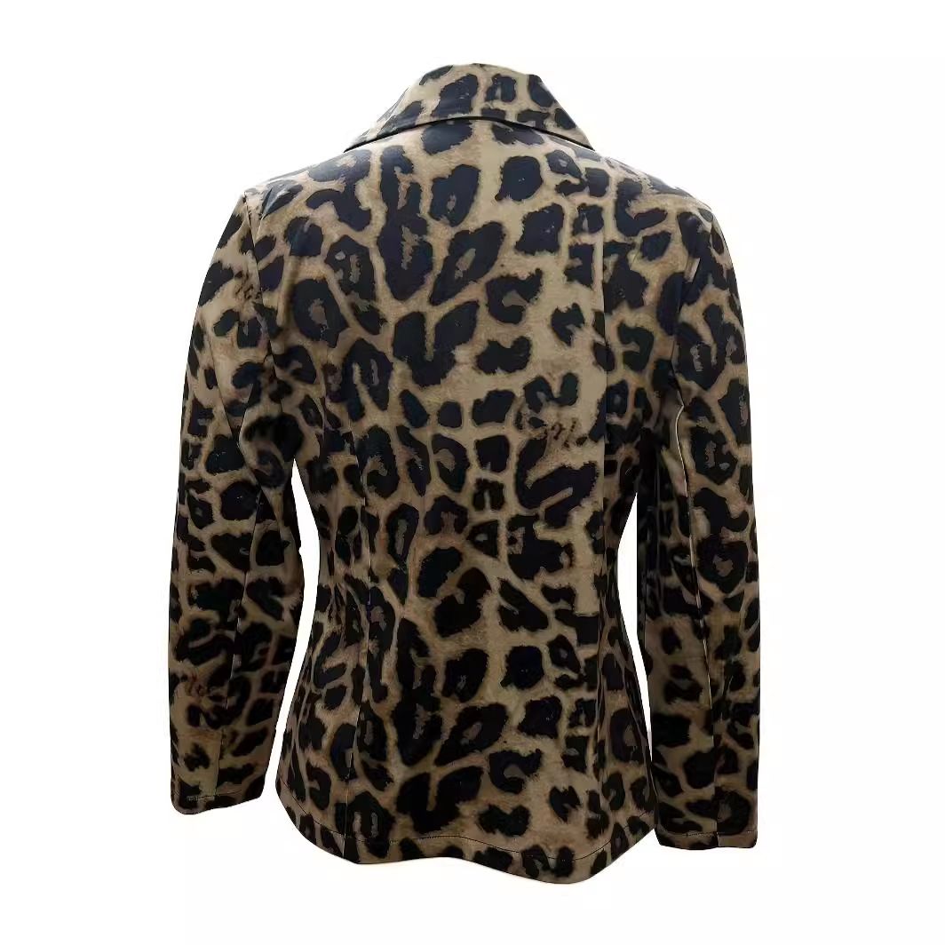 Fashion beautiful suitable official blazer leopard coat for ladies long sleeve printed lapel jacket lady casual suit coat