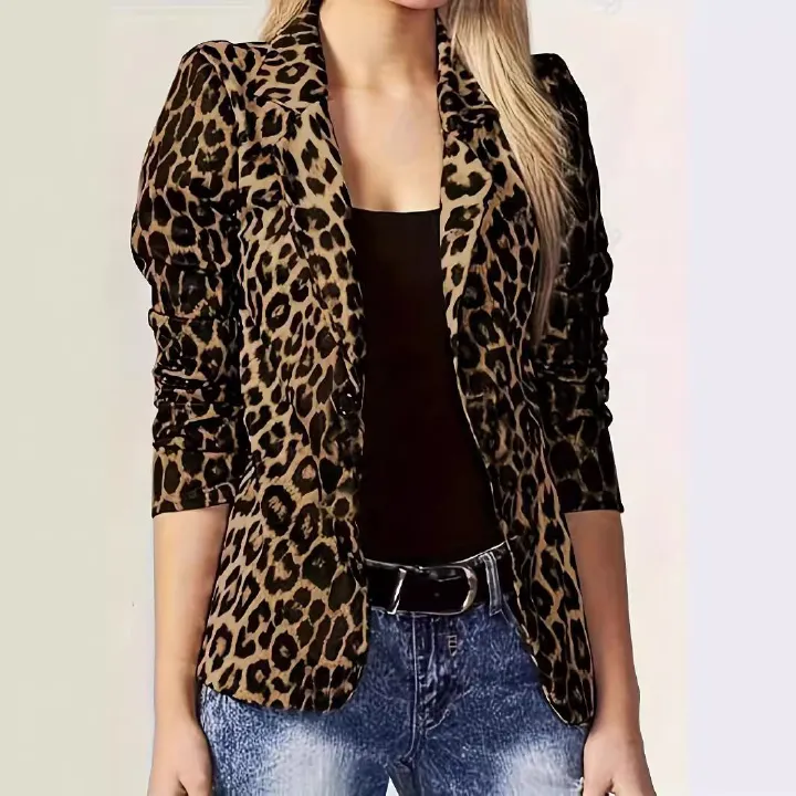 Fashion beautiful suitable official blazer leopard coat for ladies long sleeve printed lapel jacket lady casual suit coat