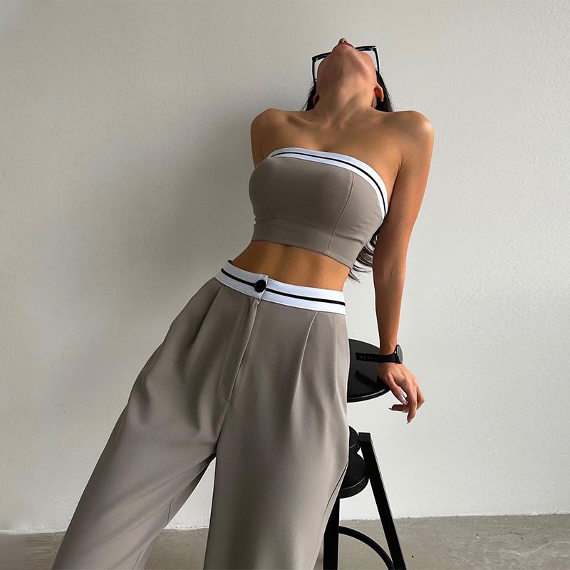 European and American new style sports vest strapless contrasting high waist wide leg pants women's casual suit