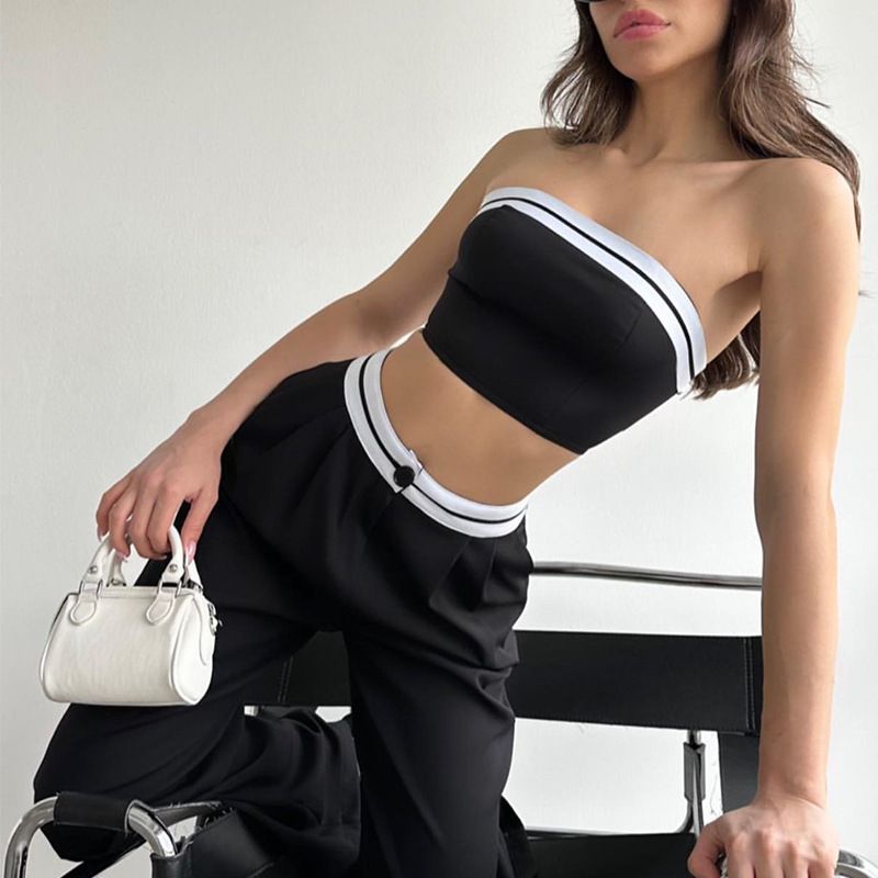 European and American new style sports vest strapless contrasting high waist wide leg pants women's casual suit