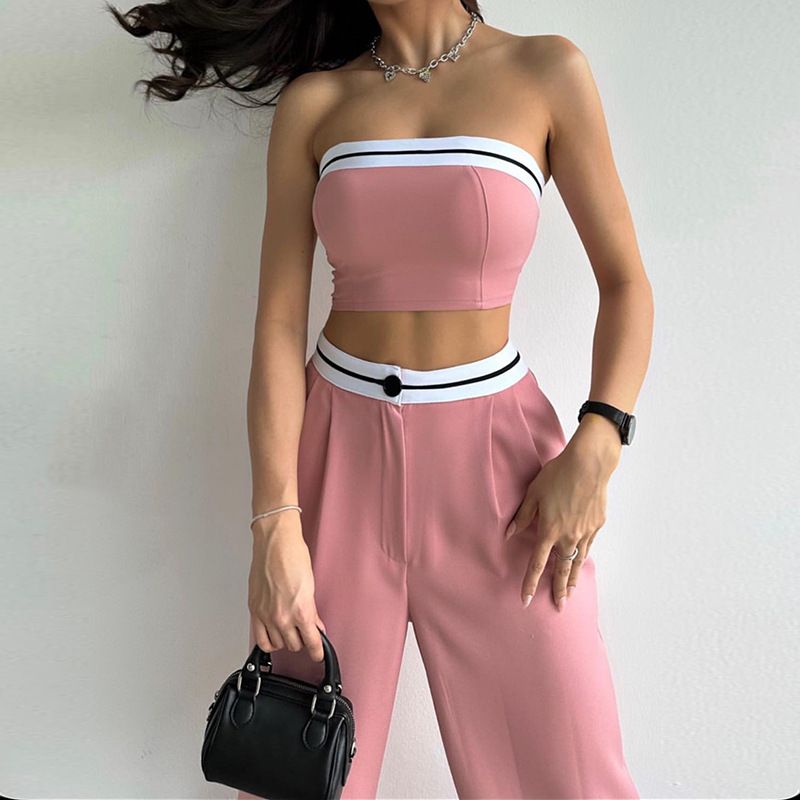 European and American new style sports vest strapless contrasting high waist wide leg pants women's casual suit