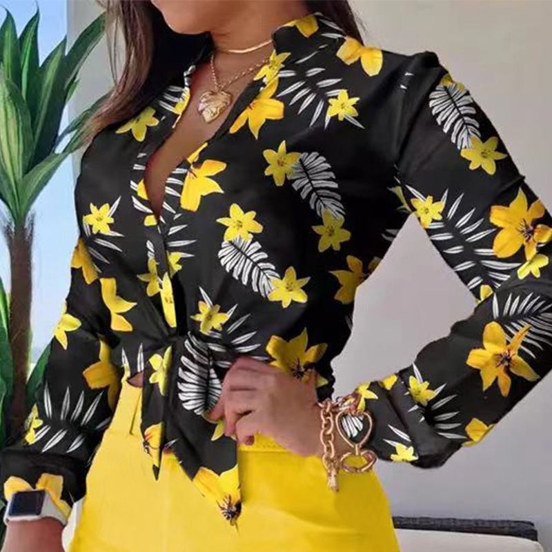korean fashion long-sleeved printing stand-up collar temperament shirt women clothing blouse Shorts suits