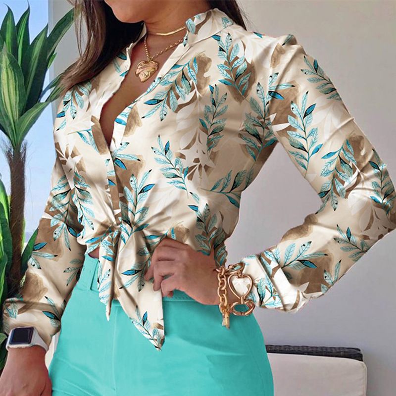 korean fashion long-sleeved printing stand-up collar temperament shirt women clothing blouse Shorts suits