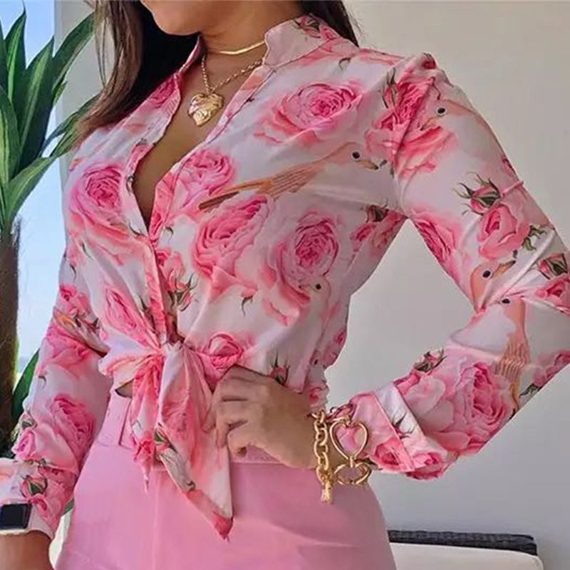 korean fashion long-sleeved printing stand-up collar temperament shirt women clothing blouse Shorts suits