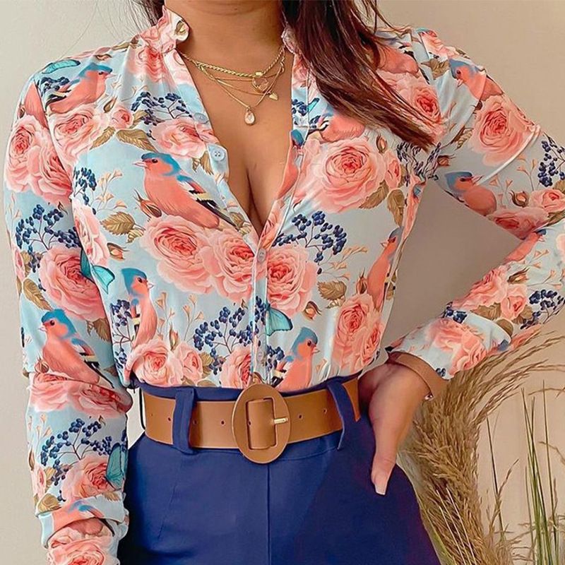 korean fashion long-sleeved printing stand-up collar temperament shirt women clothing blouse Shorts suits