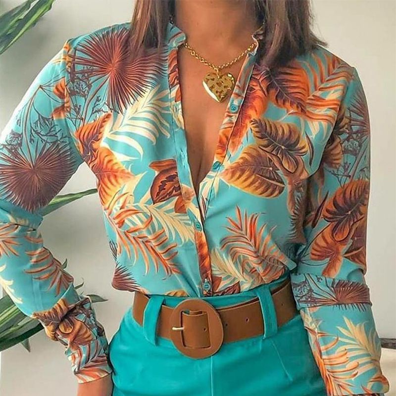 korean fashion long-sleeved printing stand-up collar temperament shirt women clothing blouse Shorts suits