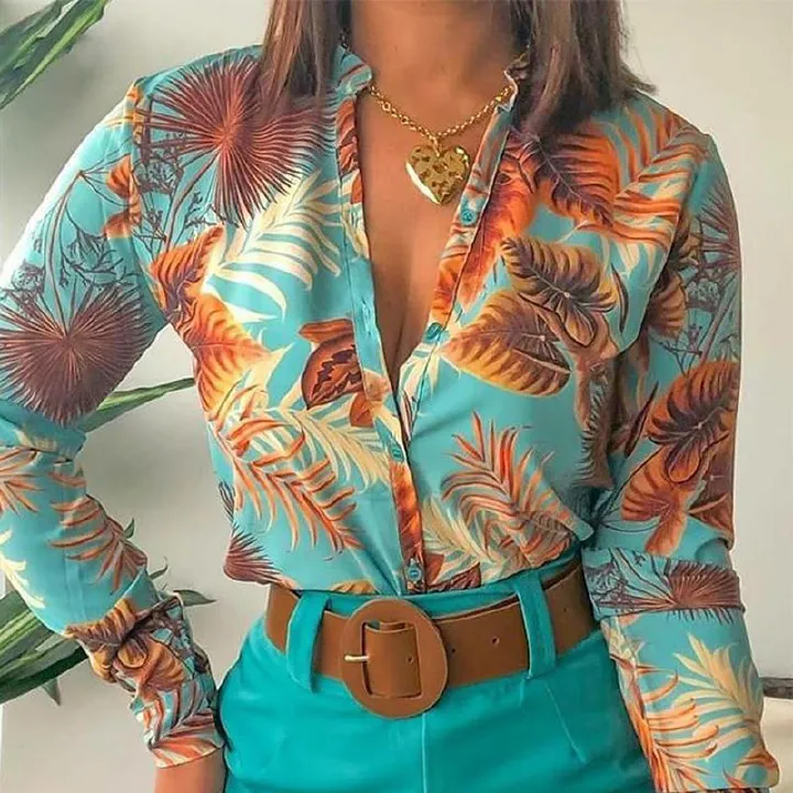 korean fashion long-sleeved printing stand-up collar temperament shirt women clothing blouse Shorts suits