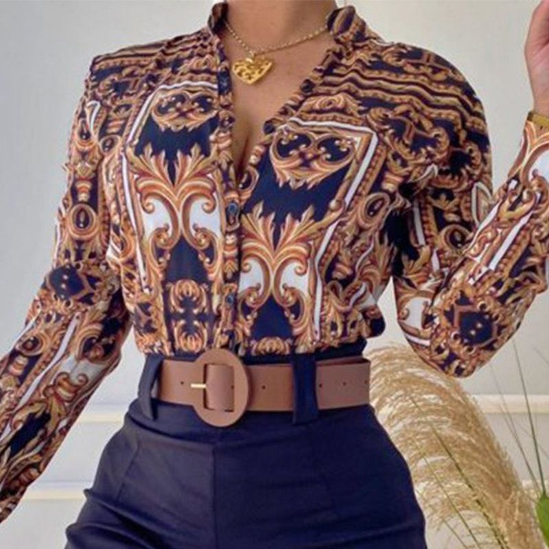 korean fashion long-sleeved printing stand-up collar temperament shirt women clothing blouse Shorts suits