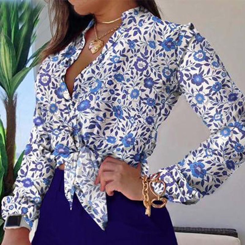 korean fashion long-sleeved printing stand-up collar temperament shirt women clothing blouse Shorts suits