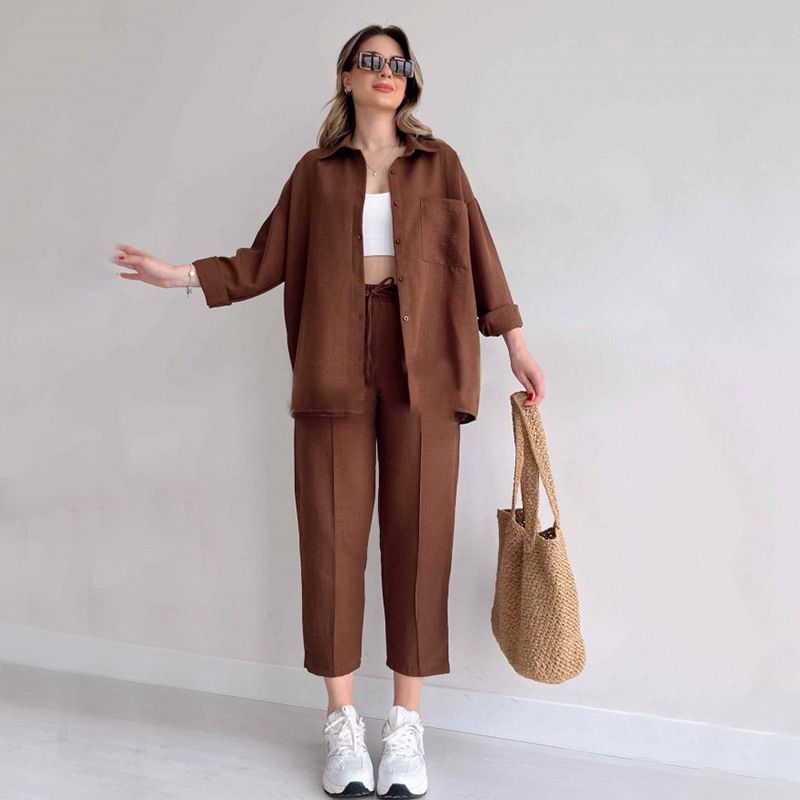 Hot Sale New Women Fall Outfits Long Sleeve Shirt And High Waist Pants Women's Casual Two Piece Set