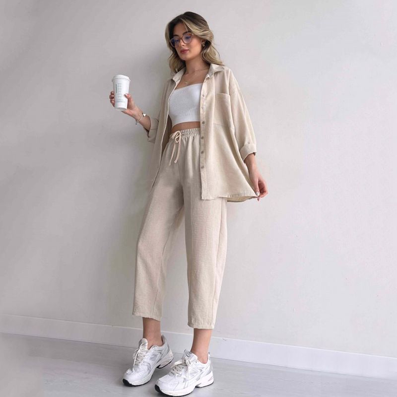 Hot Sale New Women Fall Outfits Long Sleeve Shirt And High Waist Pants Women's Casual Two Piece Set
