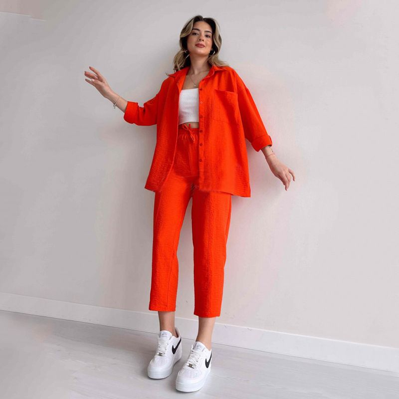 Hot Sale New Women Fall Outfits Long Sleeve Shirt And High Waist Pants Women's Casual Two Piece Set