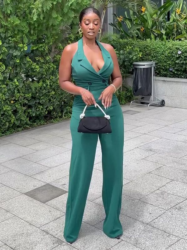Women's Clothing Summer Street Halter Neck Backless High Waist Casual Jumpsuit Bodycon Ladies Trousers