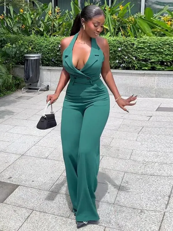 Women's Clothing Summer Street Halter Neck Backless High Waist Casual Jumpsuit Bodycon Ladies Trousers