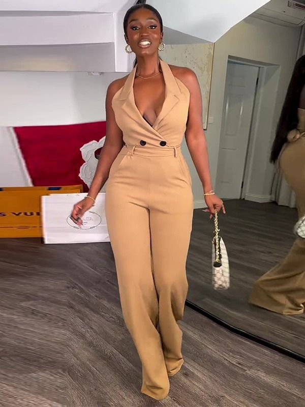 Women's Clothing Summer Street Halter Neck Backless High Waist Casual Jumpsuit Bodycon Ladies Trousers
